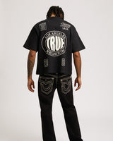 SS PRINT MESH STACKED LOGO TEE - JET BLACK