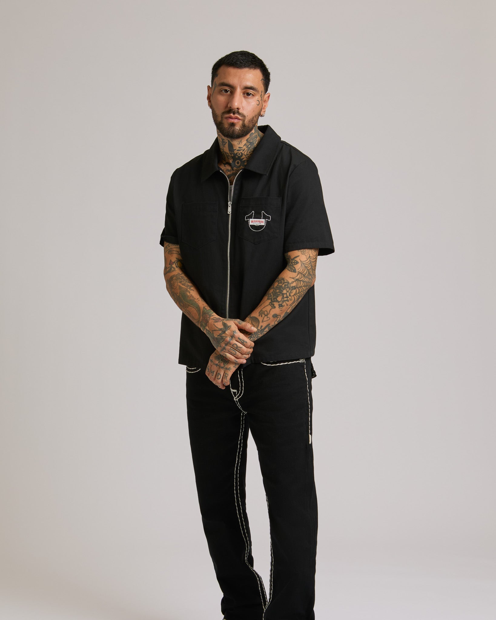 SS FULL ZIP BUDDHA SHIRT - BLACK