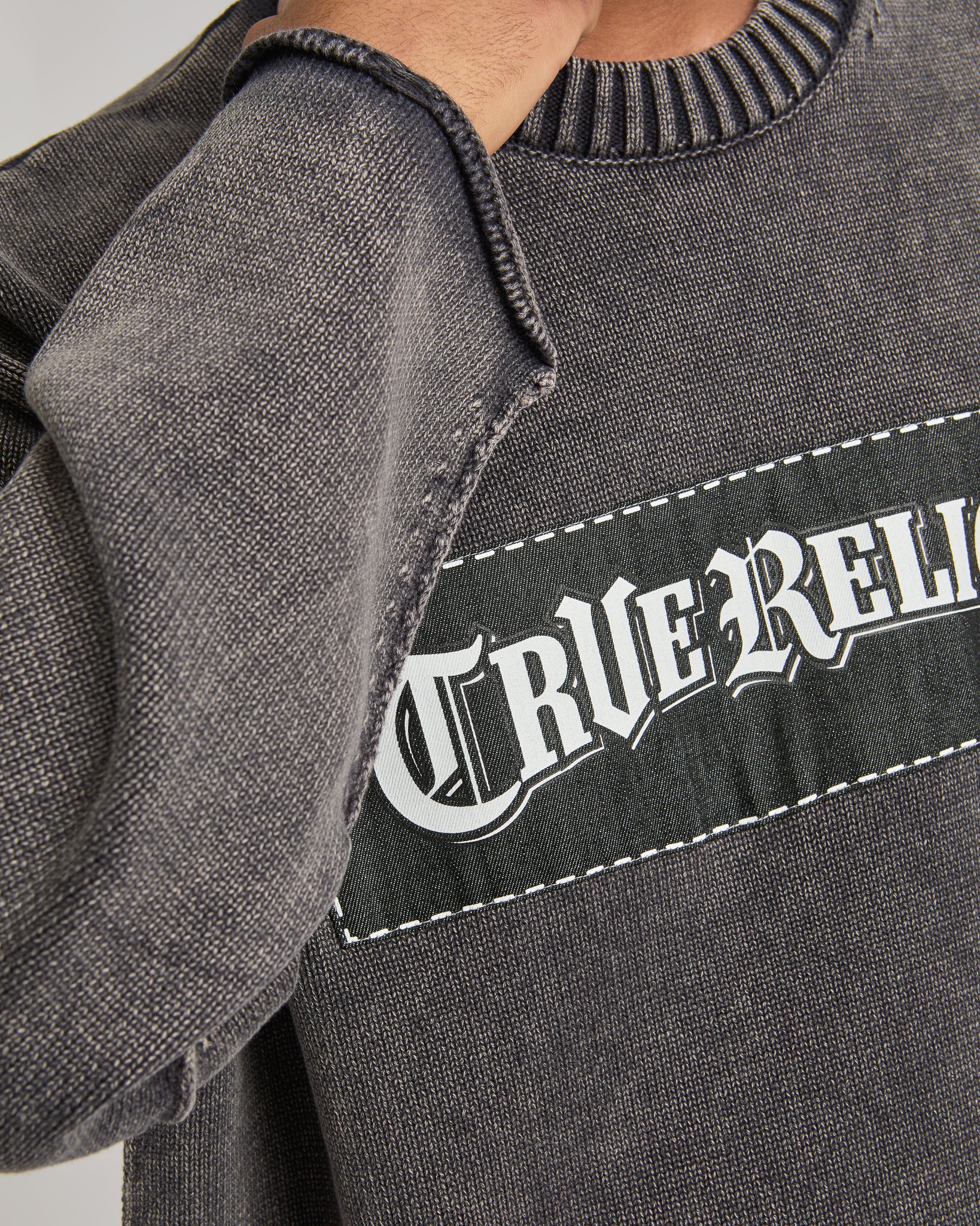 DENIM APPLIQUE WASHED SWEATER - JET BLACK