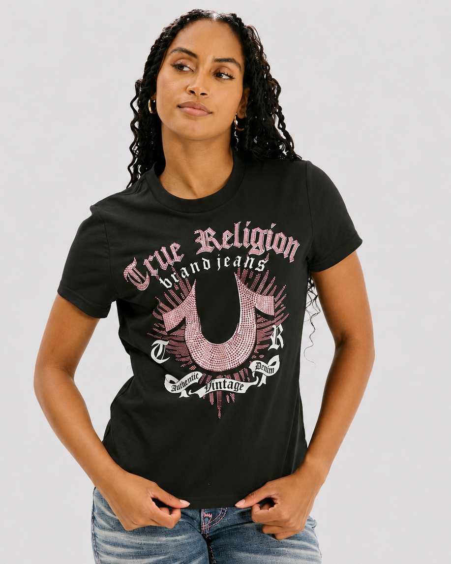 CRYSTAL HS CREW NECK TEE - JET BLACK