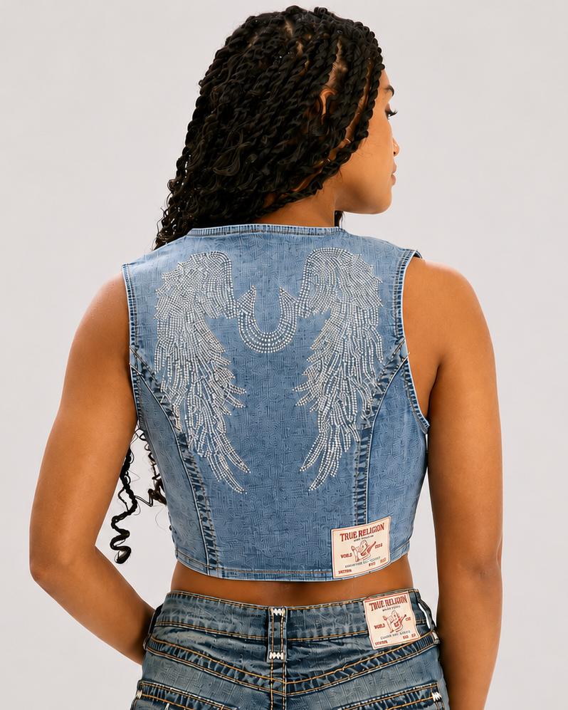 CRYSTAL WING  DENIM VEST - SUGAR SWIRL