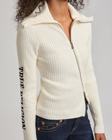 EMBROIDERED ASYM ZIP SWEATER - WINTER WHITE