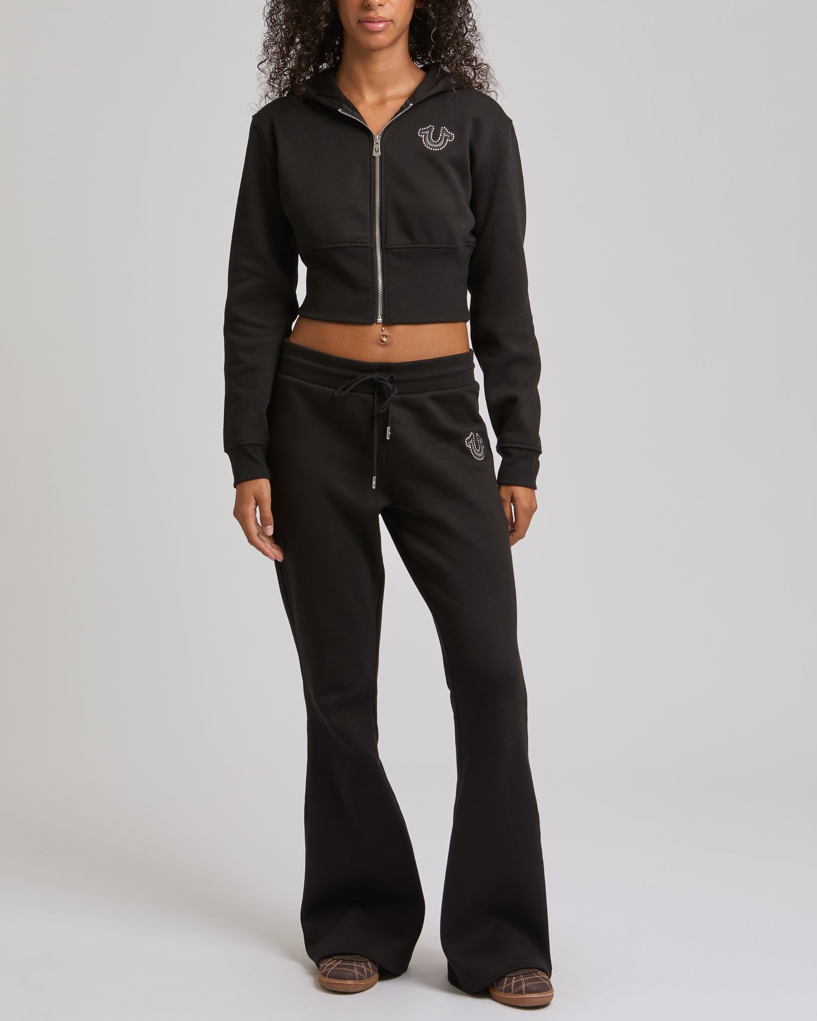 STUDDED MR FLARE PANTS - JET BLACK