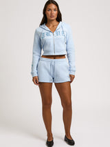 EMBROIDERED SHRUNKN ZIP HOODIE - CASHMERE BLUE