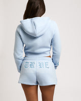 EMBROIDERED SHRUNKN ZIP HOODIE - CASHMERE BLUE