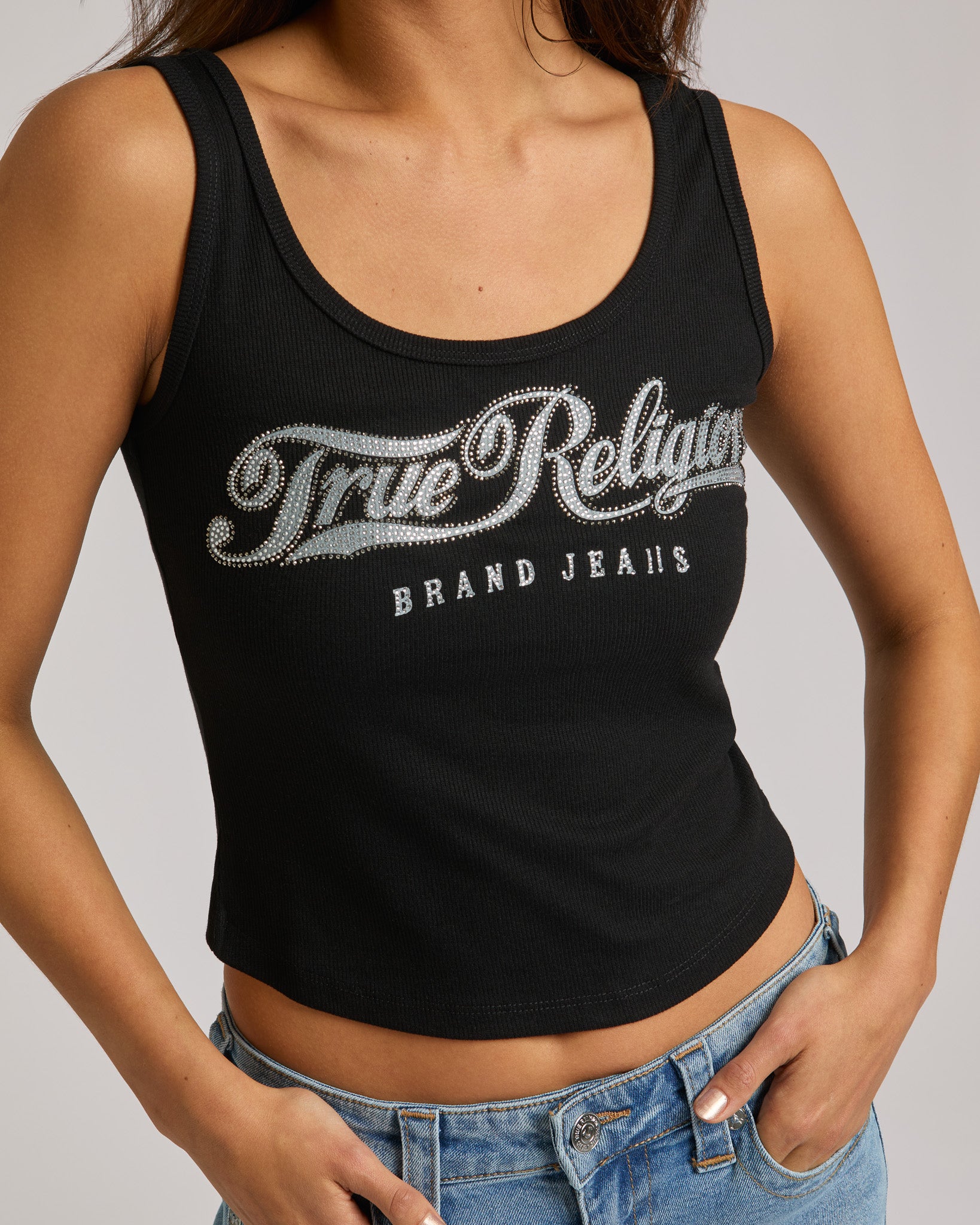CRYSTAL SQUARE NECK RIB TANK - JET BLACK